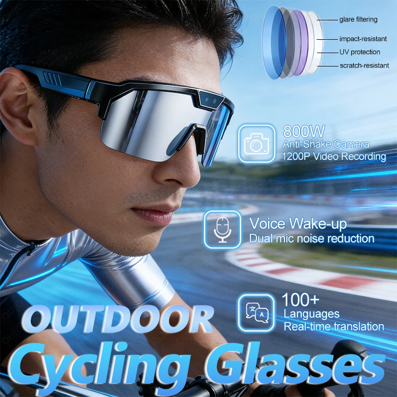 

AI Smart Glasses 800W Camera 1200P Recording HD Anti-shake Bicycle Riding Dual-Mic Noise Music AI Voice Wake-up Cycling Glasses