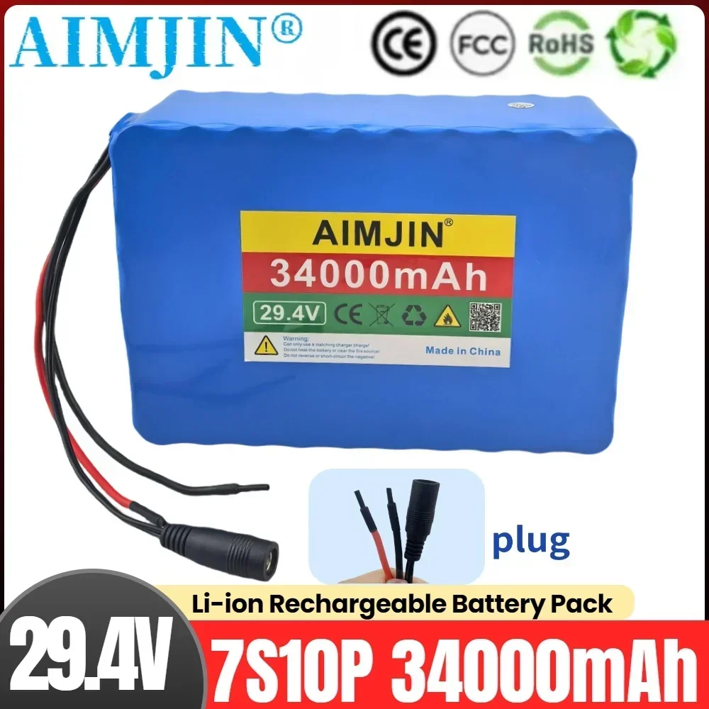 

29.4V 34000mAh High Capacity Li-ion Rechargeable Battery 18650 7S10P Battery Pack Built in BMS Suitable for Electric Bicycles