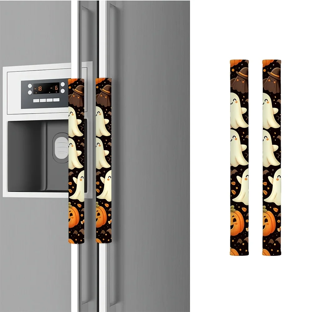 1 Pair Halloween Pumpkin Ghost Fridge Handle Covers, Polyester Non-Slip Door Handle Protectors, Reusable Removable Decor