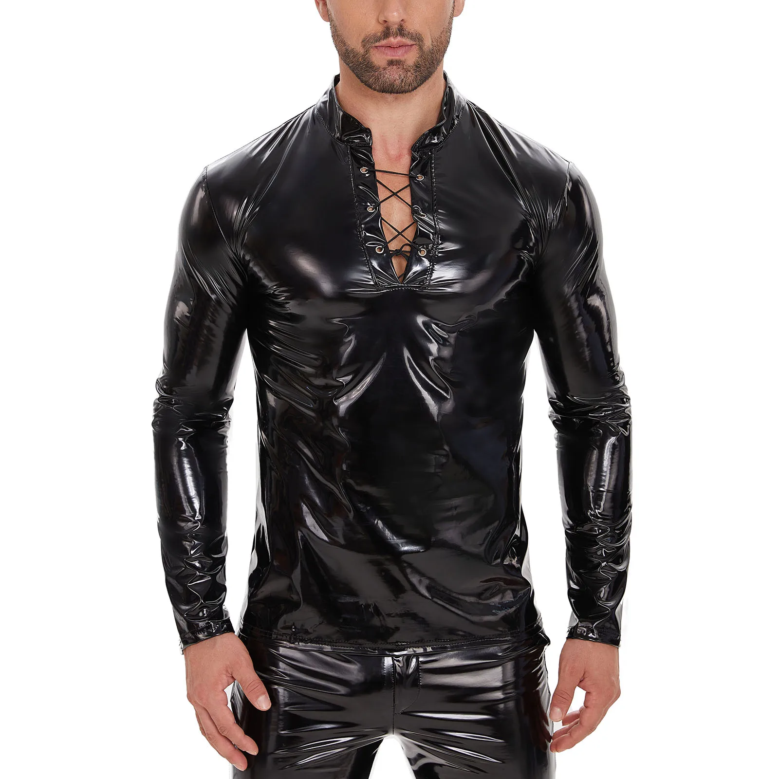 Plus Size Mens Shiny Leather Shirt Adjustable Glossy PVC Leather Long Sleeve Tops Male Wetlook Latex Shaping Casual Coat Sexi