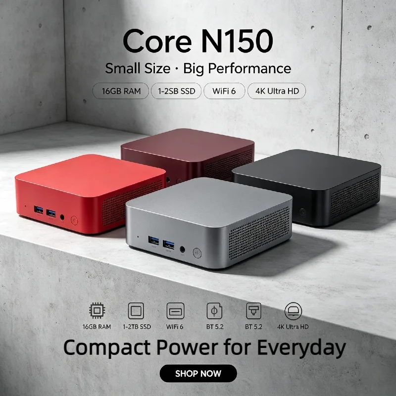 N150 Intel 2026 Portable Mini PC 16GB DDR4 2TB NVMe SSD 4C4T 3.6GHz 6W WiFi6 BT5.2 Low Power Desktop Office Home Study Max