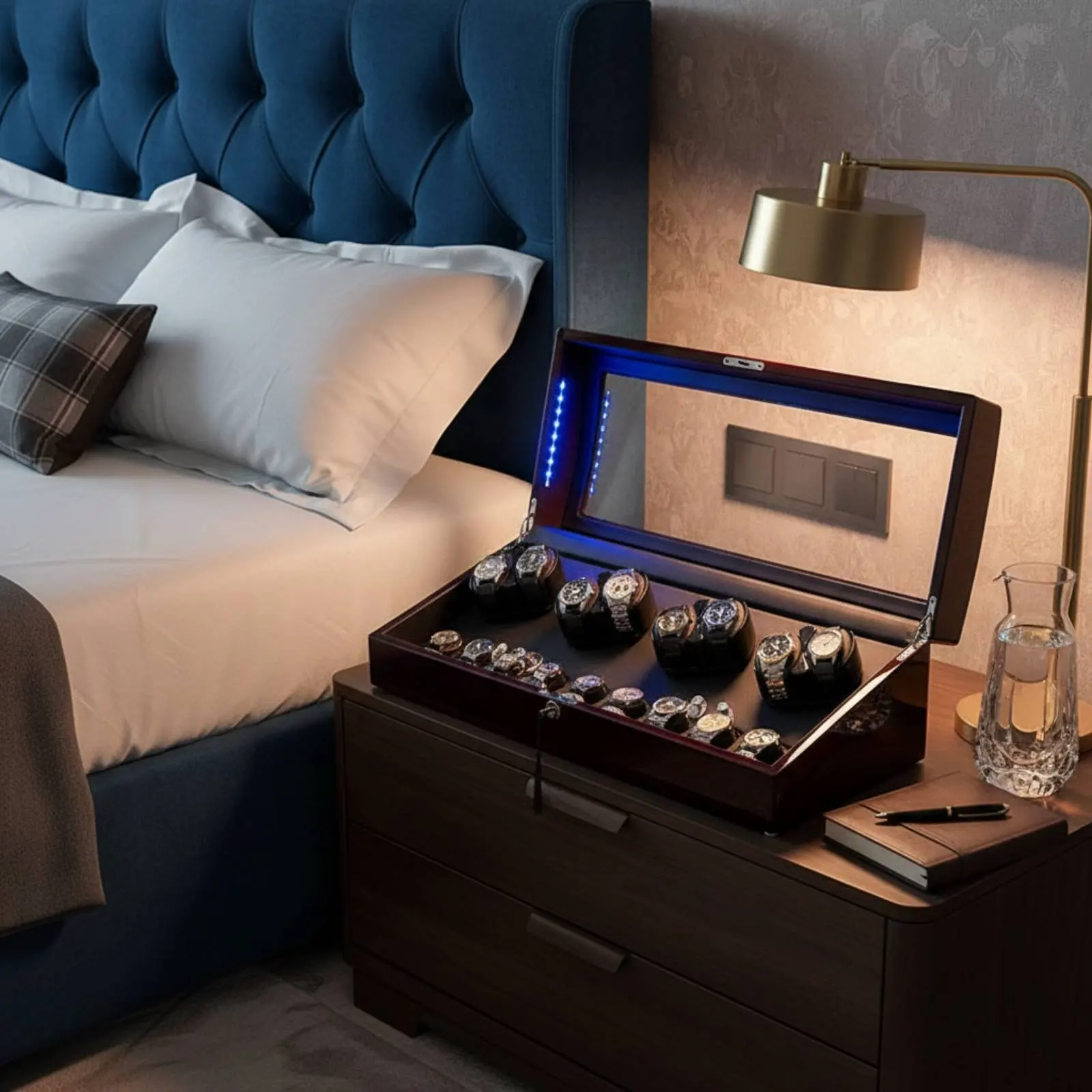 

Бокс для автоподзавода часов на 8+9 мест с японским механизмом, автоматический подзаводчик часов, хранение ювелирных изделий, защита от помех, крышка с активацией остановки