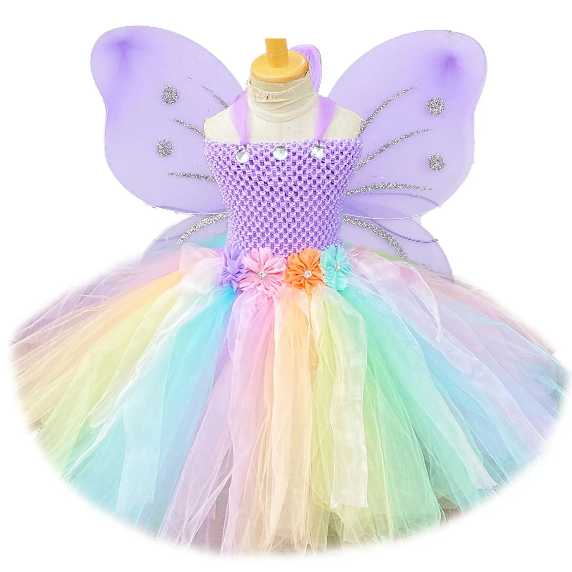 Girls Pastel Fairy Dress Kids Glitter Flower Tutus Dresses with Wing Stick Hairbow Children Christmas Halloween Party Costumes