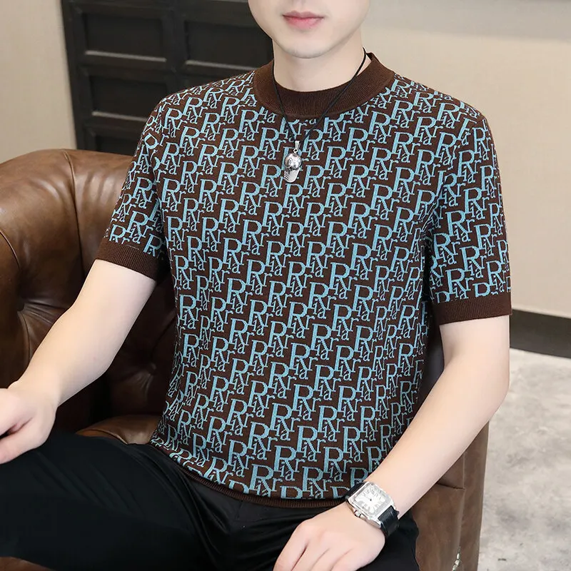 

2025 Spring Summer Knitted Round Neck Short Sleeve T-shirts Men's Trendy Letter Jacquard Slim Casual T-Shirt Social Men Clothing
