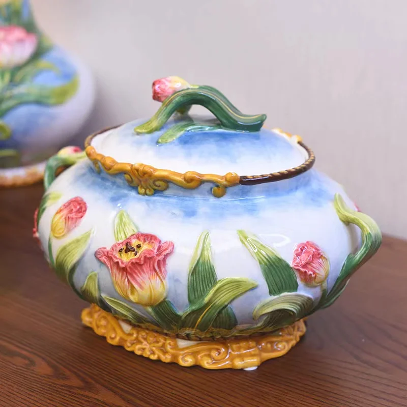 Ceramic Tulips Flower Candy Storage Jar, Home Decor, Living Room Tea Biscuit Jar, Dried Fruit Jar, Kitchen Food Container Gift