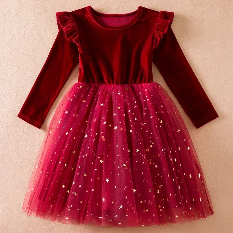 New Girls Red Christmas Dress Children Winter Long Sleeve Mesh Dresses for 3-8Yrs Kid Star Sequin Birthday Party Princess Dress