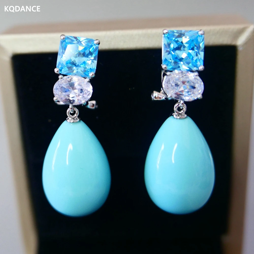 

KQDANCE Hand Craft Women Aquamarine Blue Zircon Stone Turquoise Tear Drop Earrings with 925 Silver Needle Jewelry New For Women