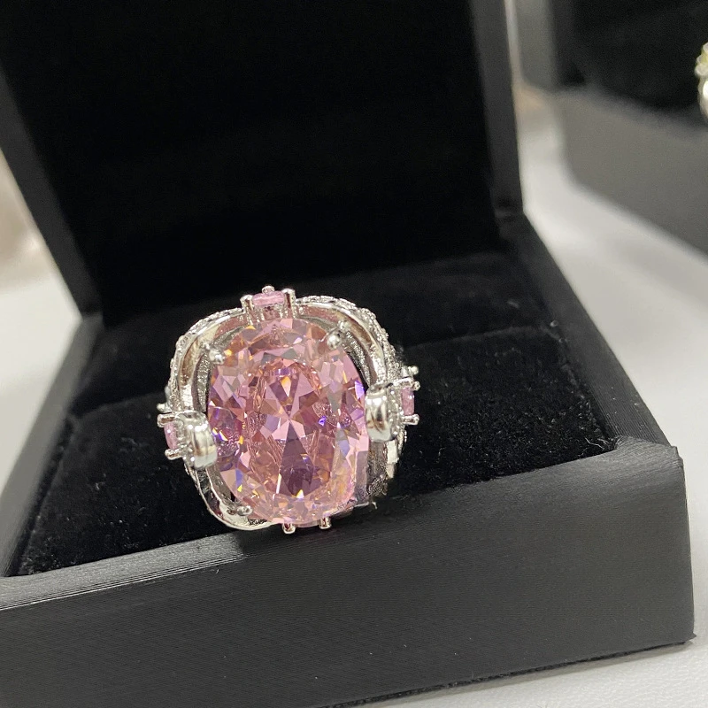 

MDLFES Mo!ssan Diamond Style Heavy Duty Extra Large 12*16 Oval Gemstone Ring 18k Plated Rosy Pink Zirconia Micro Setting