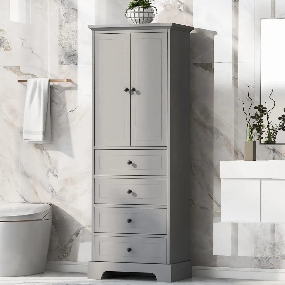 

68'' Tall Bathroom Cabinet, Storage Cabinet with 2 Doors & 4 Drawer, Freestanding Linen Cabinet with Adjustable Shelves