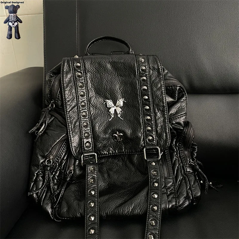 Y2K Spicy Women Girl vintage Metal Punk Shoulder Bag Backpacks Harajuku Ladies Hip hop Rock Lager Capacity Backpack Totes