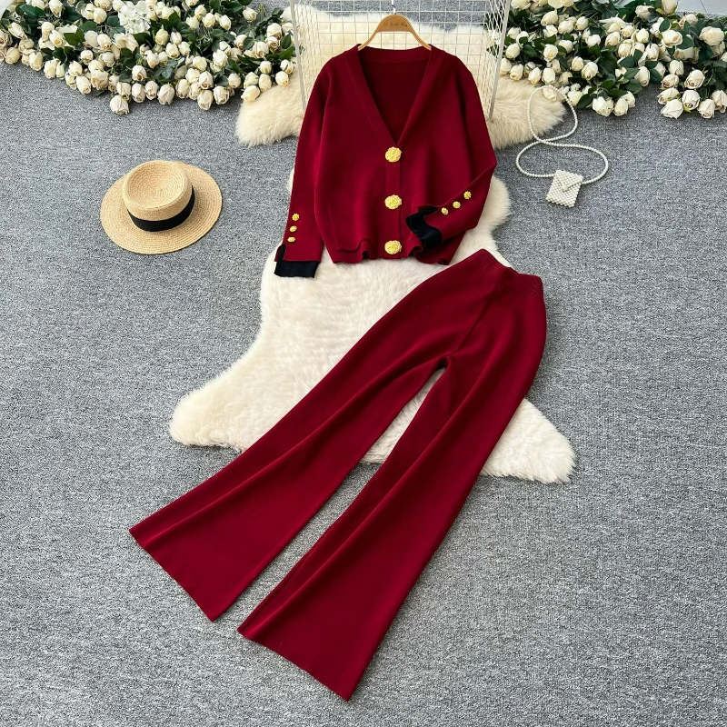 

Women Knit Long Pant Sets Two Piece Suit Sweater Cardigan Button Elegant Solid High Waist Wide Leg Pants Autumn Winter