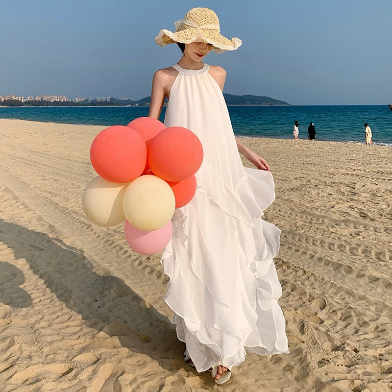 2024 New Summer Off Shoulder Halter Holiday Beach Loose Dress Chic Women Sleeveless Ruffles Chiffon Split Boho Cake Long Vestido