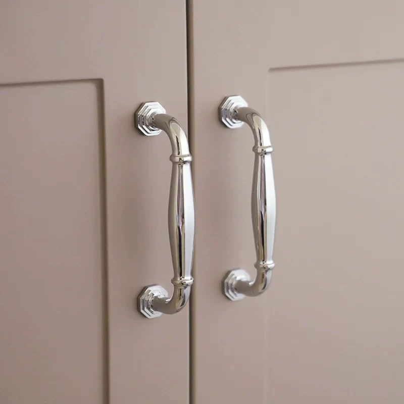 French Style Wardrobe Door Handles Cabinet Drawer Knobs Modern Minimalist Light Luxury Silver Curved Brass Cabinet Door Pulls