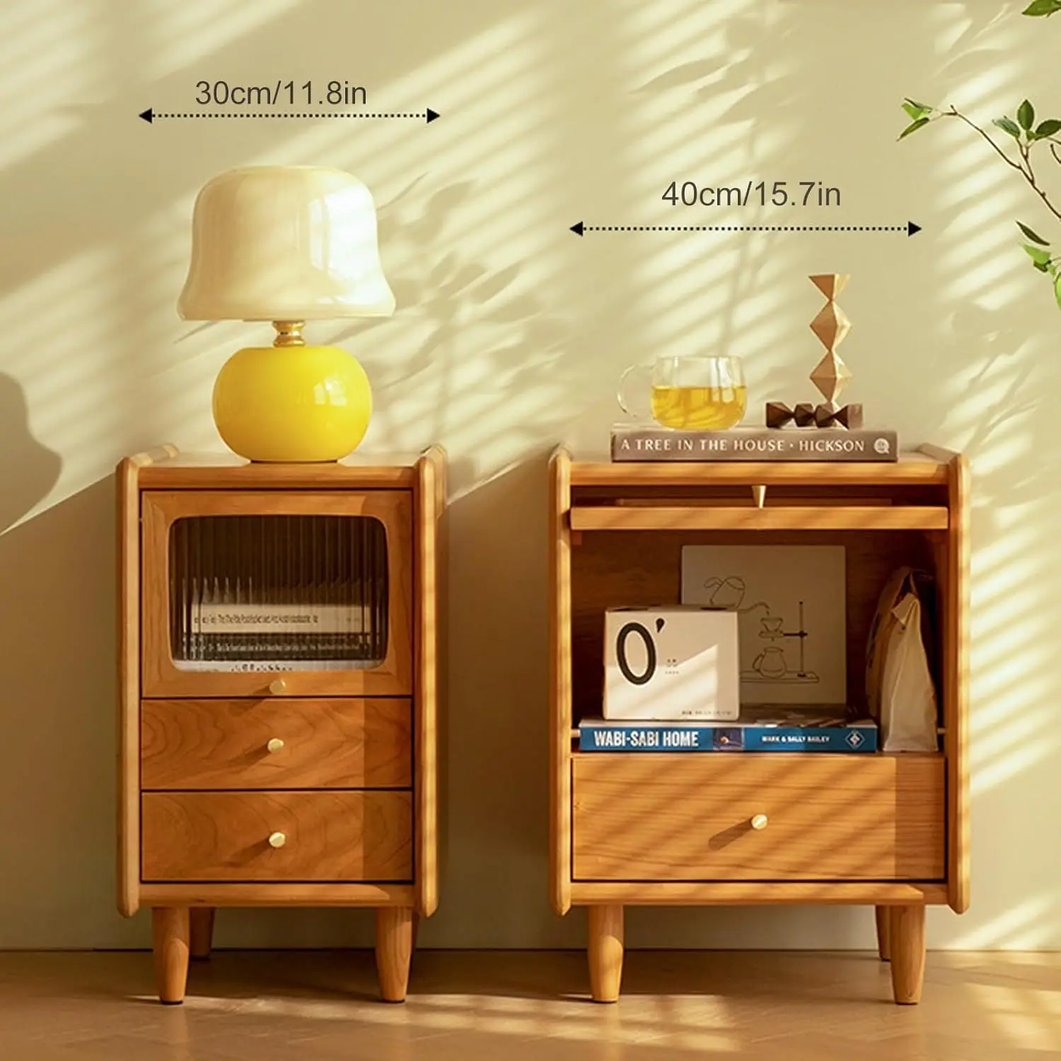 Mesa de cabeceira de madeira com gavetas, 11,8/15,7 pol. de largura, mesa de cabeceira pequena para espaços pequenos