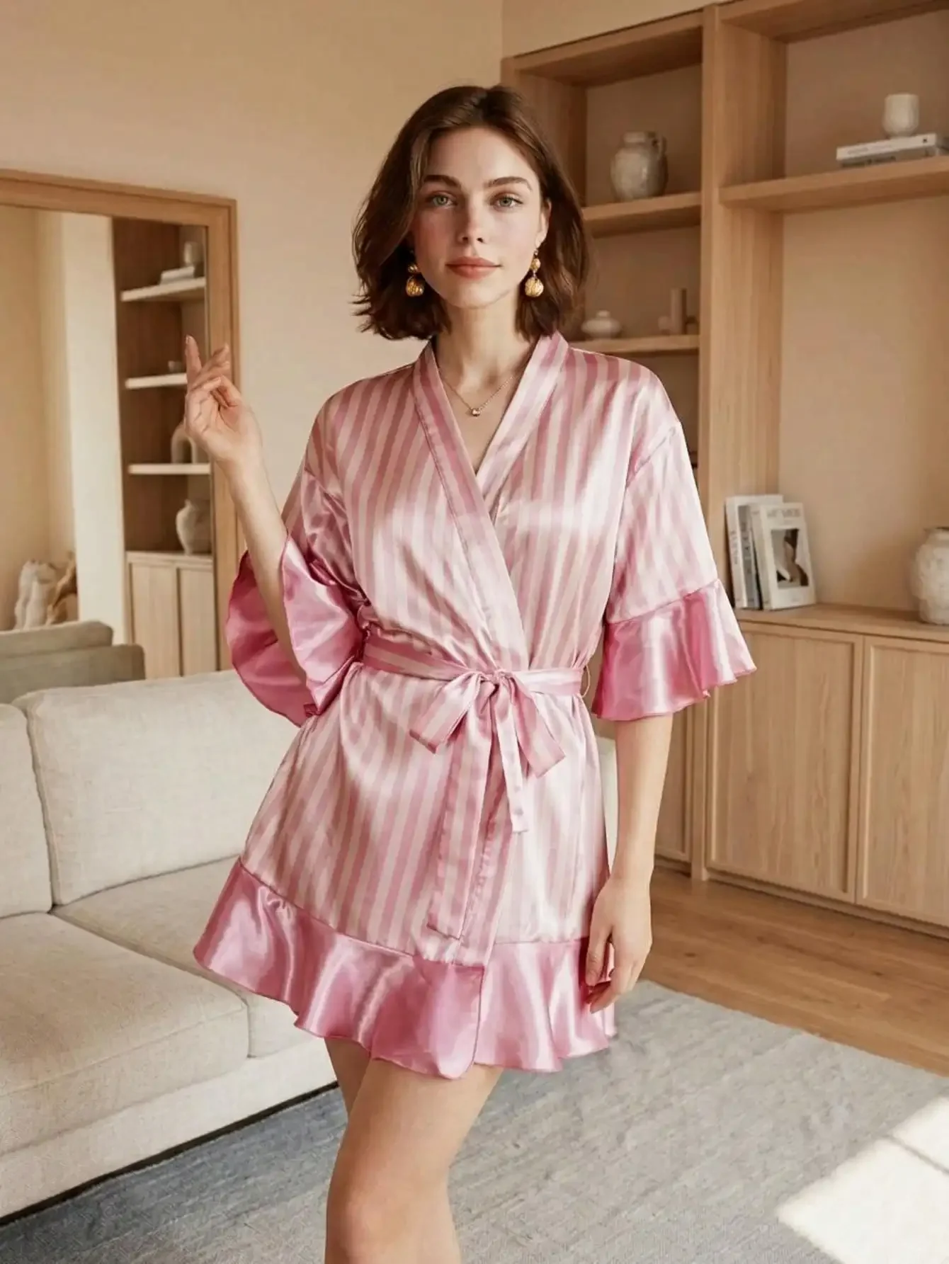 1PC Sweet Pink And White Striped Women's Bathrobe, Ruffled Tie-Up Style, Mid-Length Fitted Bathrobe, Comfortable Loungewear