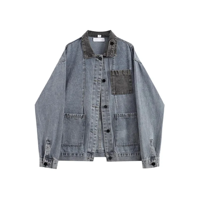 

Ретро джинсовая куртка с цветовыми блоками для женщин в гонконгском стиле, весна-осень 2026, новая модель, с отложным воротником, однобортное пальто