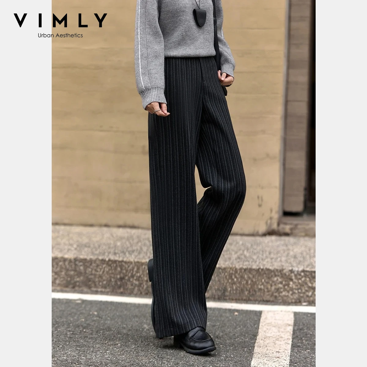 

VIMLY Wide Leg Pants for Woman 2025 Winter Chic Striped Zipper Fly Warm Versatile Trousers Loose Fitting Women Bottoms A3256