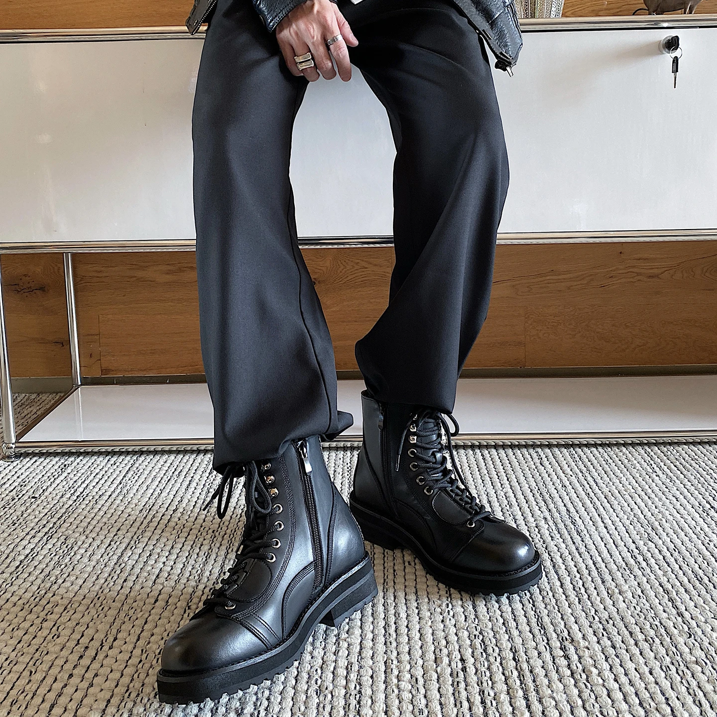 

Black lace up short leather boots for men's retro big head side zipper design motorcycle boots work commuting outdoor shoes