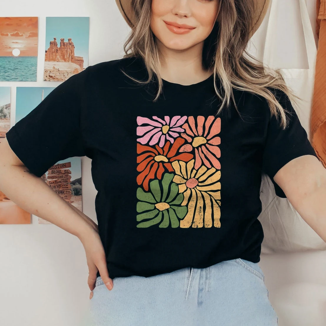 Boho Flowers Abstract Daisies Design Premium 3x 4x Flowers Women's Short Sleeve Tee Comfort Colors Casual Women's t-Shirts