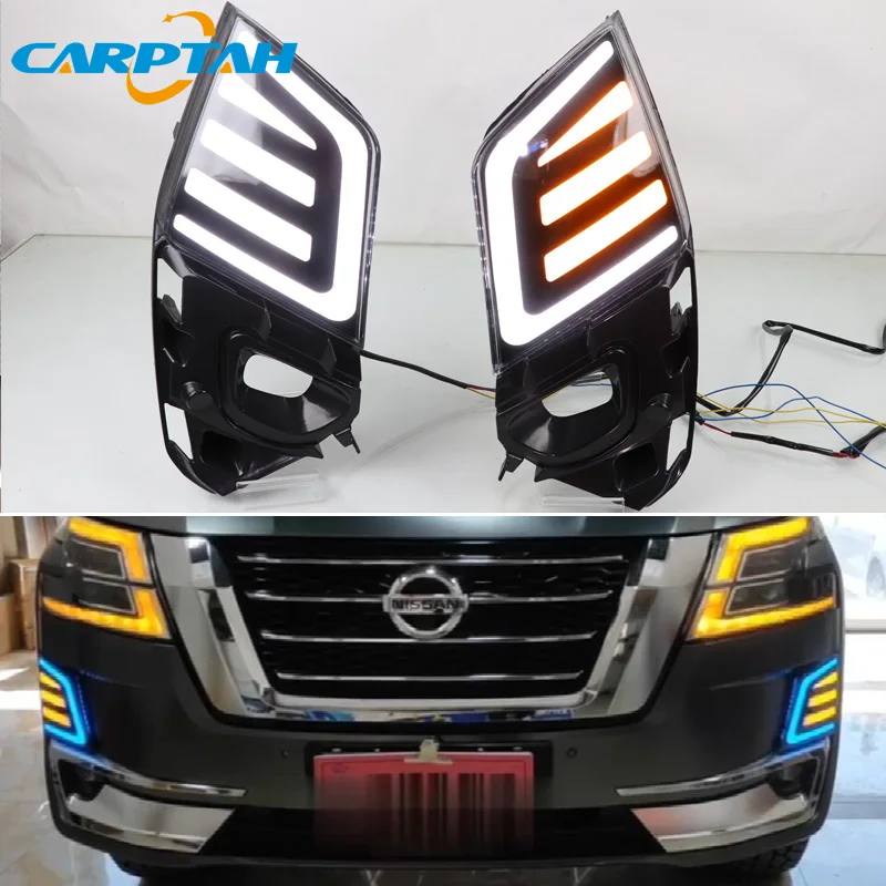 Car LED DRL 12V Daytimes Running Lights For Nissan Patrol 2020 2021 Yellow Turn Signal Night Blue Running Lamps Car Foglamps