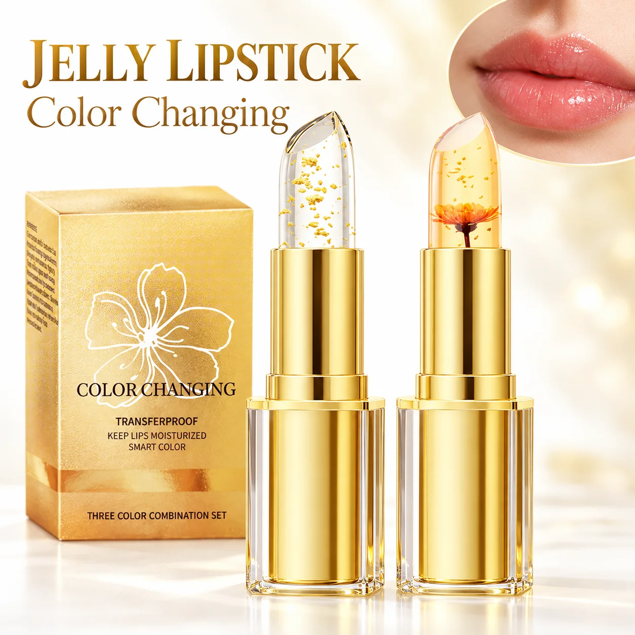Gold Foil Color Changing Lip Balm Set Temperature Reactive Lipstick Personalized Pink Tint Hydrating Moisturizing Lip Care