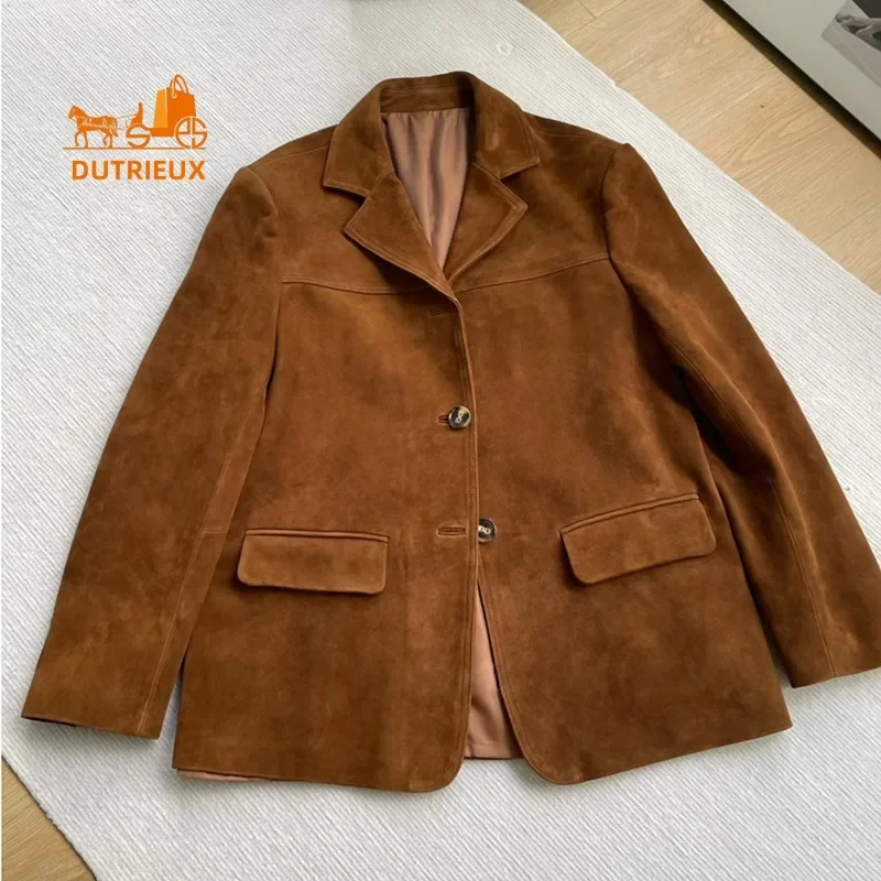 New Winter 100% Sheepskin Coat for Women, Suede Lambskin Lapel Retro Brown Suit Leather Loose Silhouette Casual Top Jacket Women