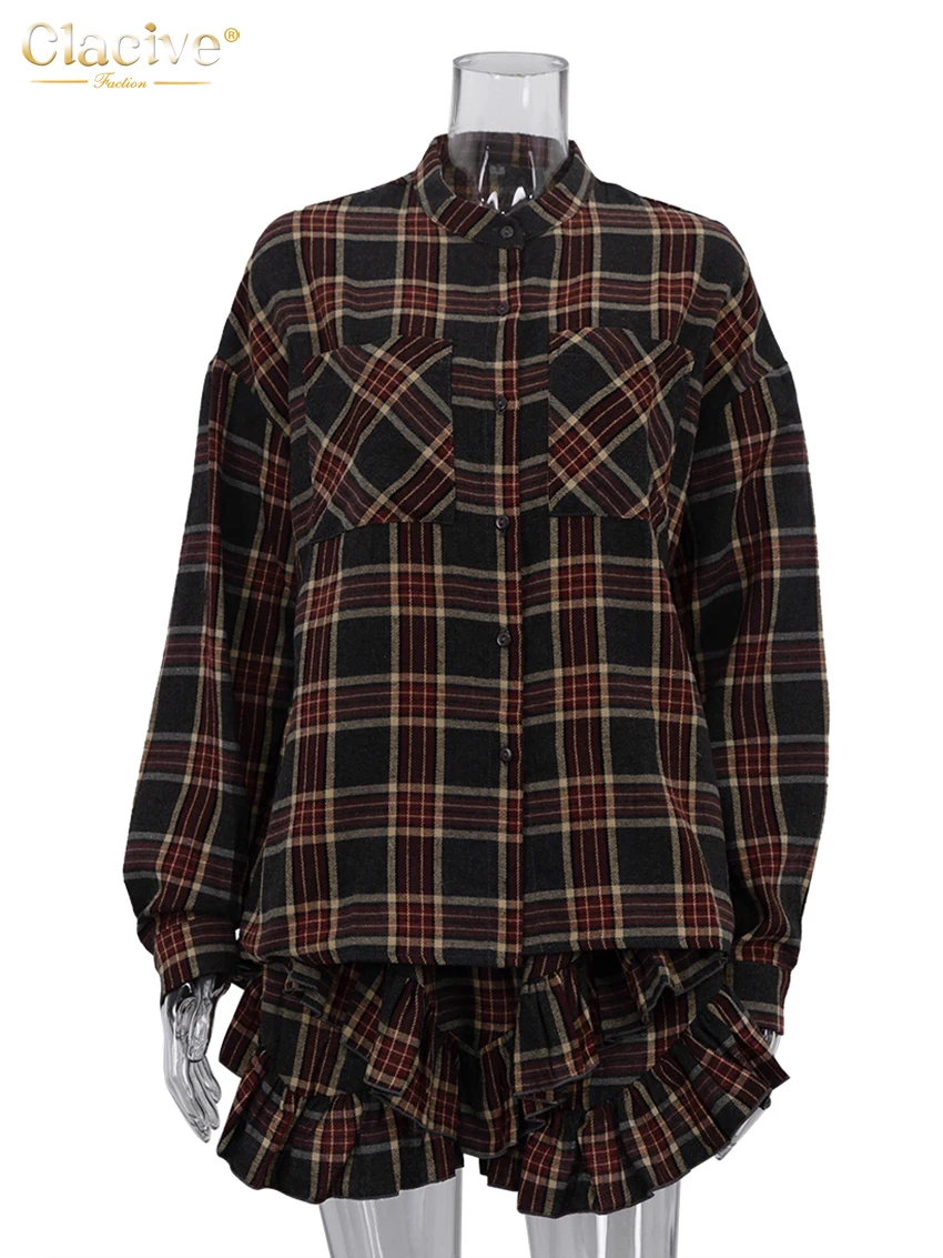 Clacive Fashion Loose Plaid 2 Piece Sets Women Outfit 2025 Elegant Long Sleeve Blouse With High Waist Pleated Mini Skirt Set