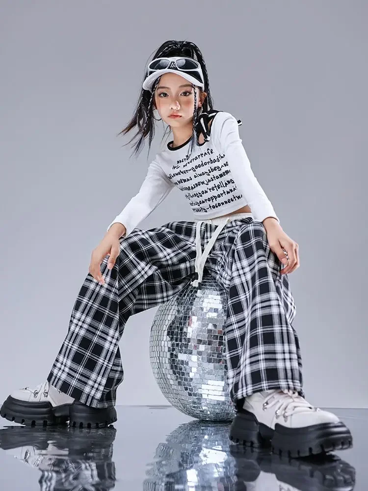 Boys Hip Hop Letters Sweatshirt Plaid Pants Girls Crop Top Sweatpants Children Street Dance Clothes Set Kids Jazz Streetwear