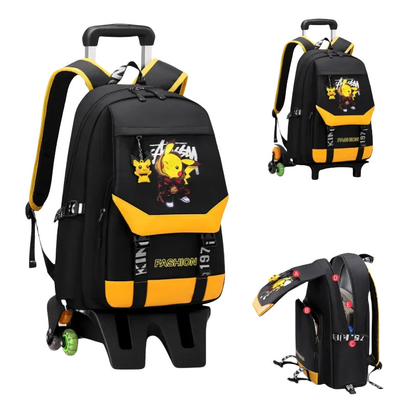 MINISO Pokemon Boys Six-Wheel Trolley School Bag Student Large-capacity Two-wheeled/Tall Stairs Climbing Tractor Cart Backpack