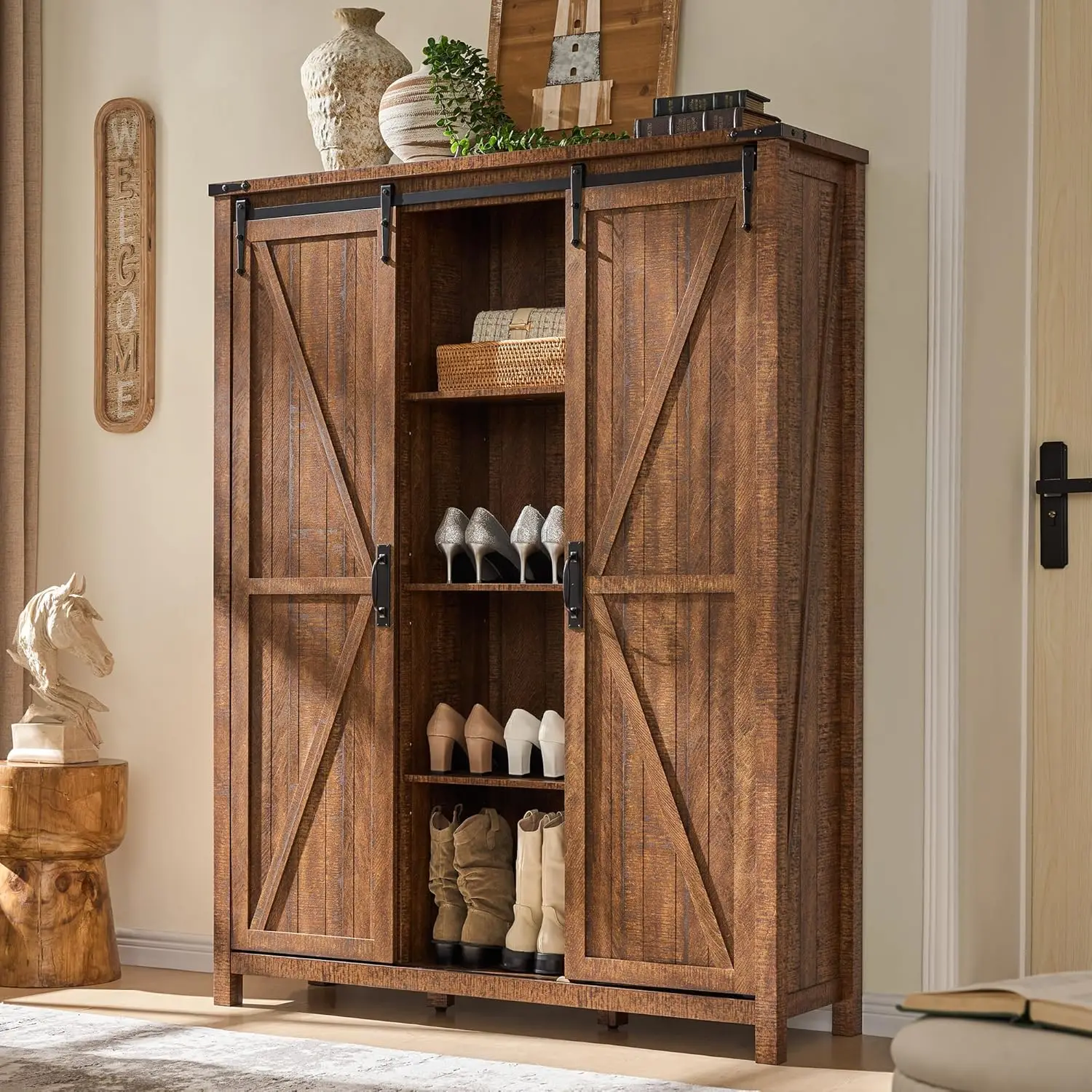 

Storage Cabinet with 2 Sliding Door, 7-Tier 62" Tall Farmhouse Entryway Shoe Cabinet, Reclaimed Barnwood