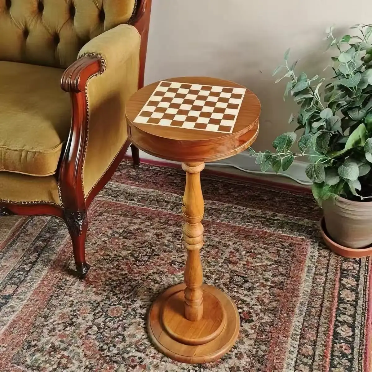 #Mid-Century Checkerboard End Table, Round Wood Side Table for Bedroom & Game Room