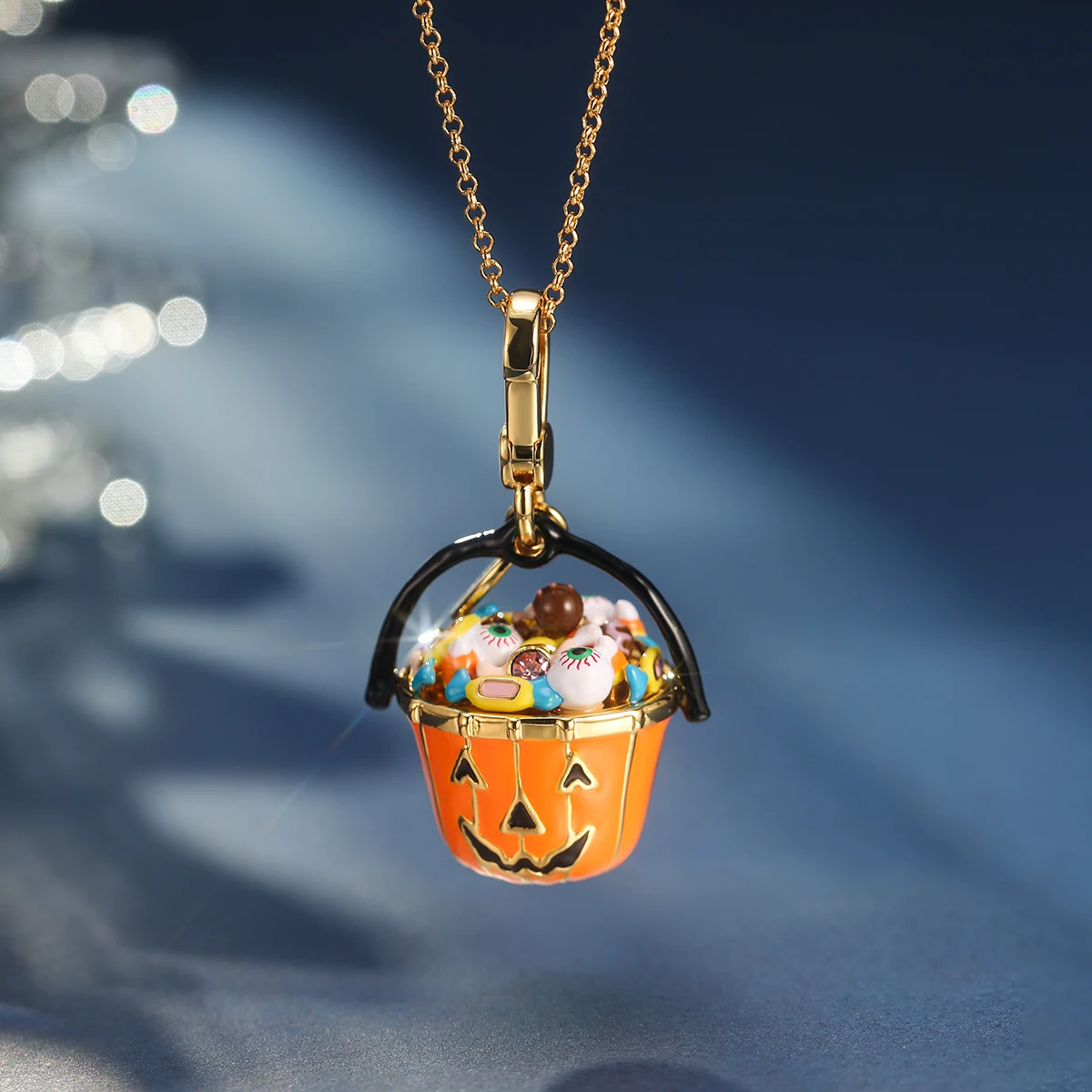 

1Pc Exquisite Luxury Enamel Halloween Pendant,Funny Eyes Candy Orange Pumpkin Bucket Pendant Necklace,Jewelry Keychain Birthday