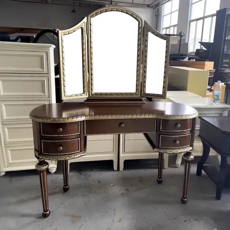 American Light Luxury Solid Wood Carved Flower Dressing Table with Mirror Retro Princess Style Vanity Desk for Home Bedroom