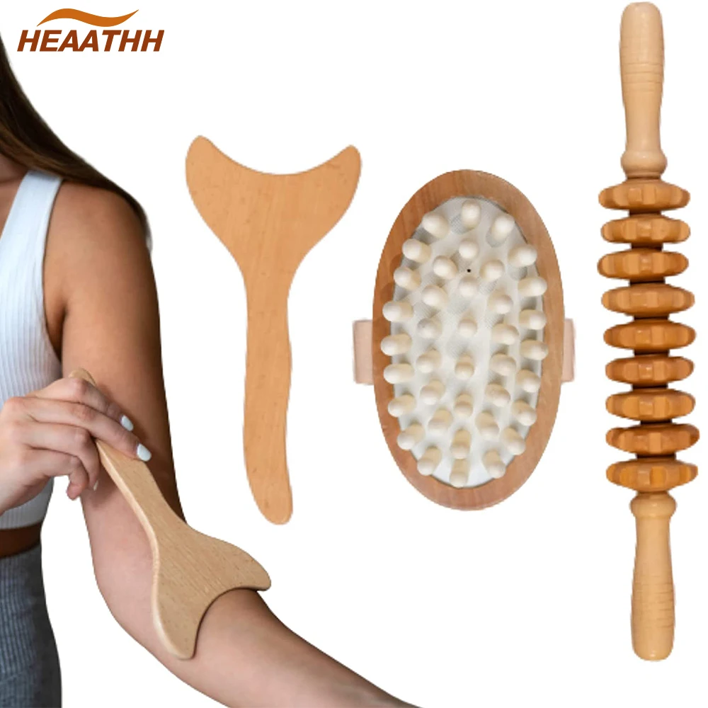 

3Pcs/Set Natural Wood Massager Wooden Lymphatic Drainage Tool Massage Brush Arm Leg Massage Roller for Body Muscle Relaxation