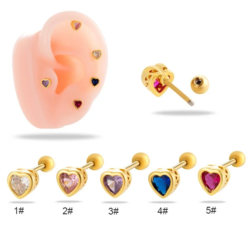 1Piece Single Heart Colorful Zircon Stud Earrings Gold Color Stainless Steel Love Heart Cartilage Earring Women Piercing Jewelry