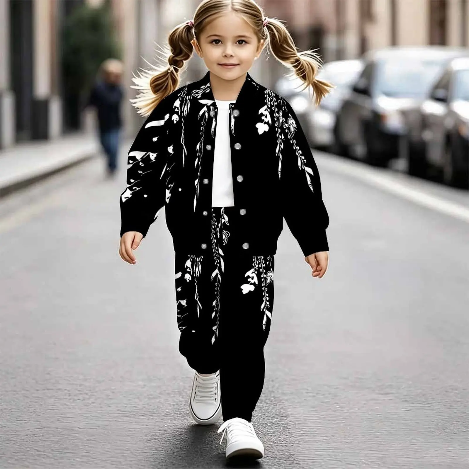 Sweet Girls Print Two Piece Retro Long Sleeve Coat and Long Pants Kids Trend Set for Daily Everyday Party
