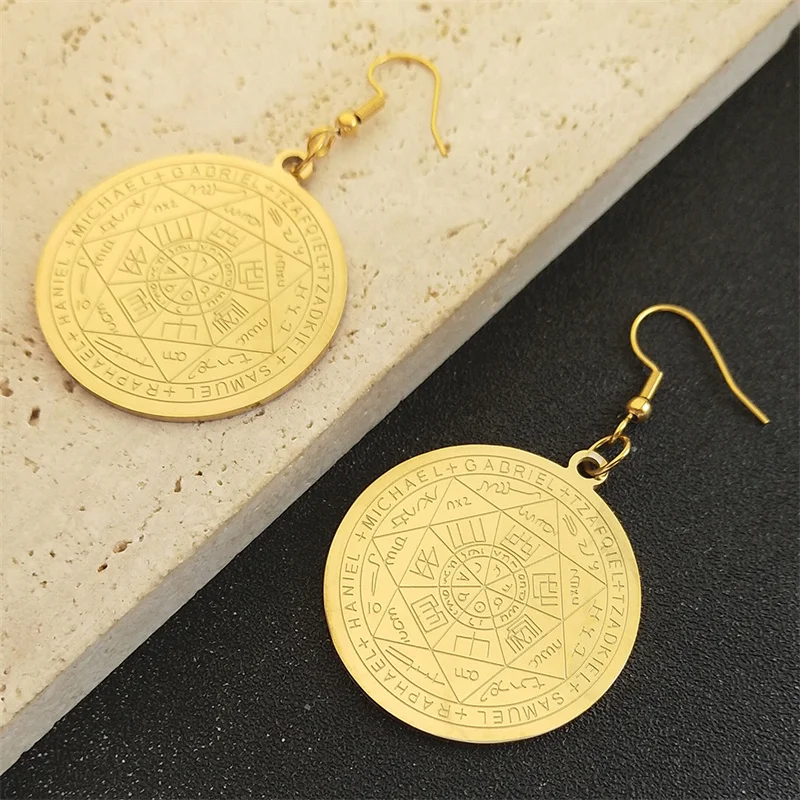 Seal of Seven Archangels Gold color Earrings for Women Stainless Steel Solomon Talisman Protection Earring Jewelry E6059S02