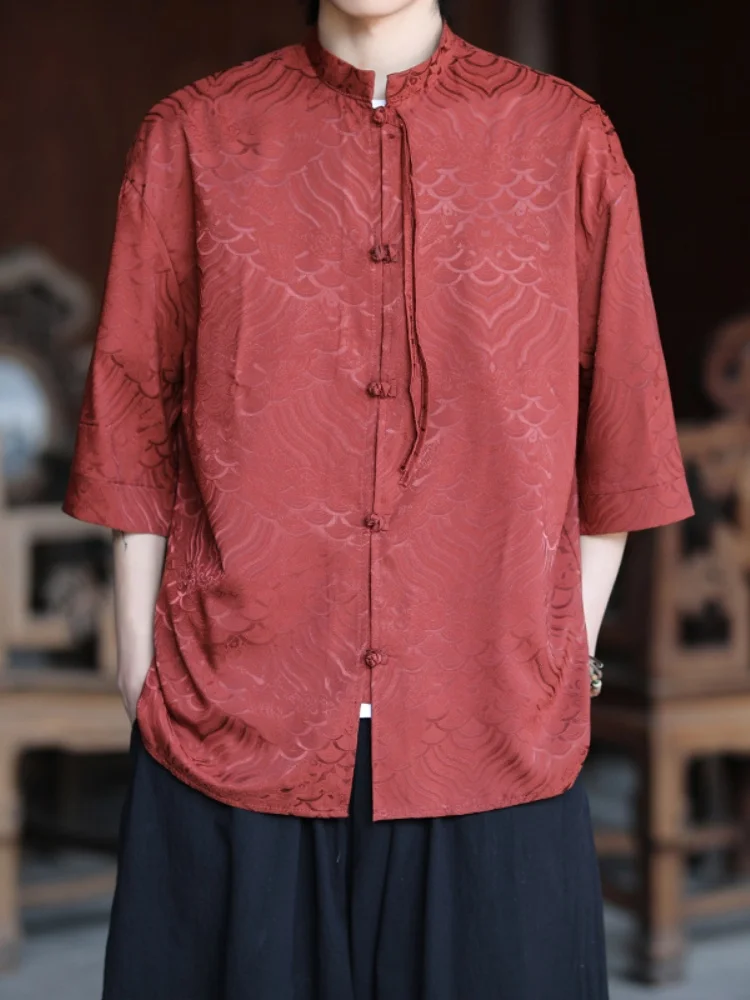 

New Chinese Style Men's Ice Silk Shirt Short Sleeve Satin Embroidery Traditional Tang Costume Zhongshan Suit Summer Fashion