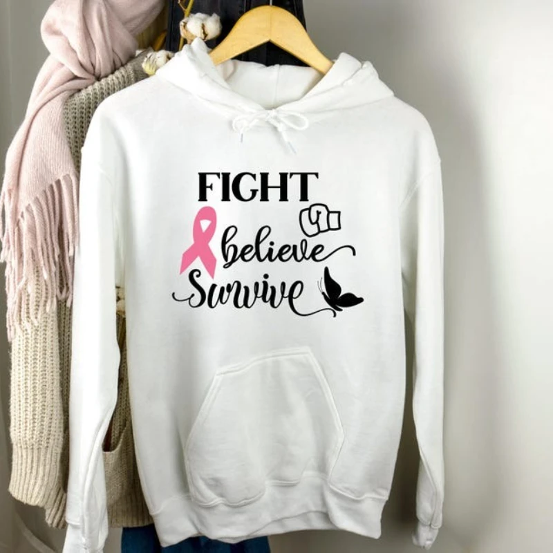 Sudadera con capucha Fight Believe Survive, sudadera de combate contra el cáncer, camisa de concientización sobre el pecho, Top de calentamiento de manga larga para otoño, jersey esencial