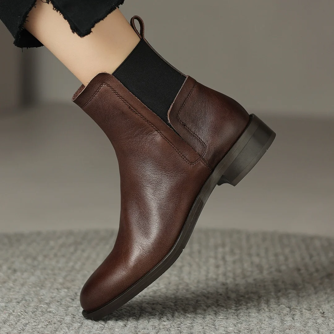 

Women's cow leather elastic fabric patchwork round toe slip-on flats autumn ankle boots high quality soft comfortable short boot