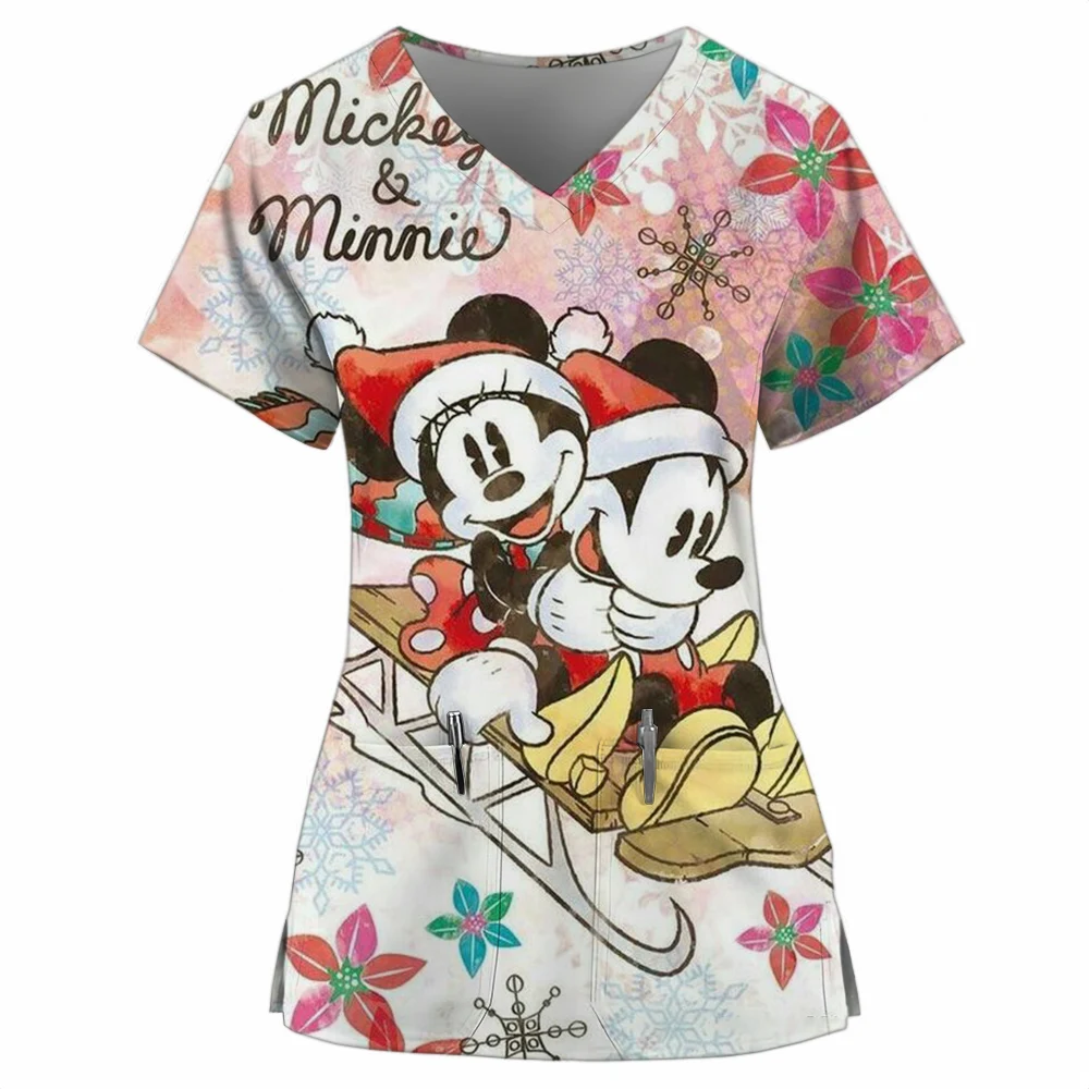 Vêtements de mode pour femmes noël Disney Minnie Mickey Mouse imprimé infirmière costume de travail col en v T-shirt poche manches courtes pour femmes