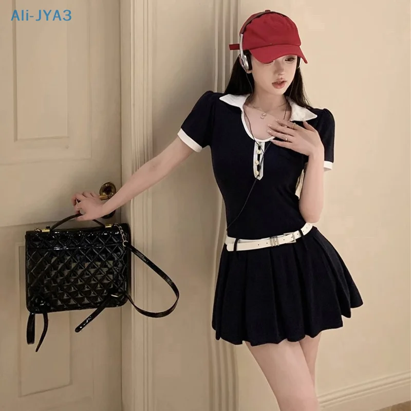 

Turn-down Collar Sleeve Dress Women Preppy Style Casual Pleated Short Dresses