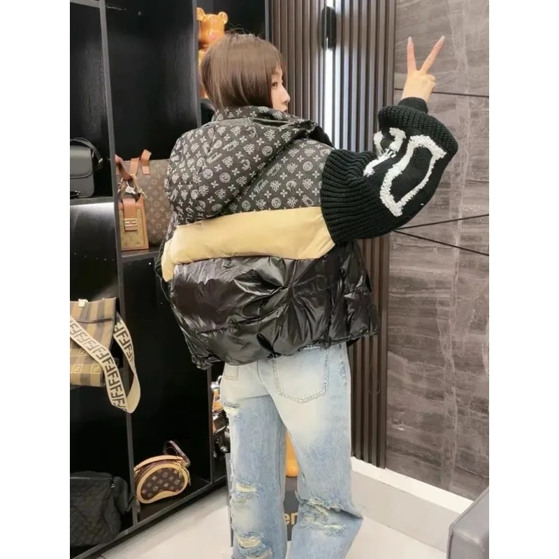 Women's New Style Patchwork Hooded Down Jacket Knitted Sleeves Letters Thickened White Duck Down Outerwear Jackets for Women