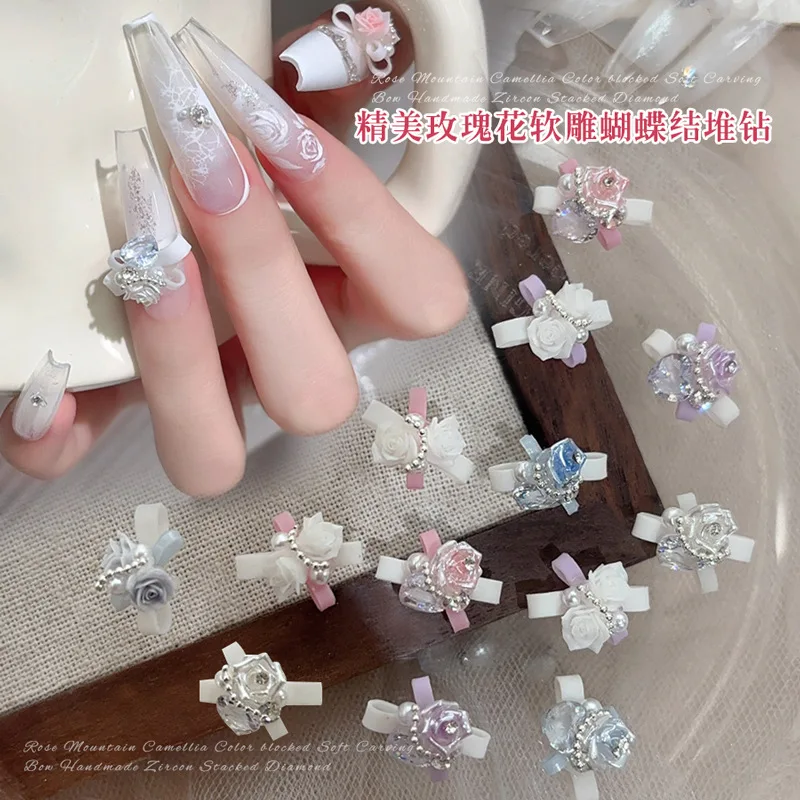 5PCS Soft 3D Acrylic Flower Bow Nail Art Charms Supplies Hand Stacked Pearl Crystal Diamond Pile Nails Decoration Accessories - Image 4