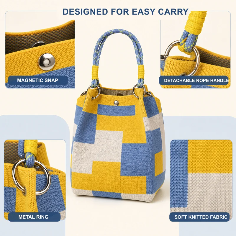 Mini Bolsa de Tricô para Mulheres, Pequena Bolsa de Mão Geométrica com Alça Destacável