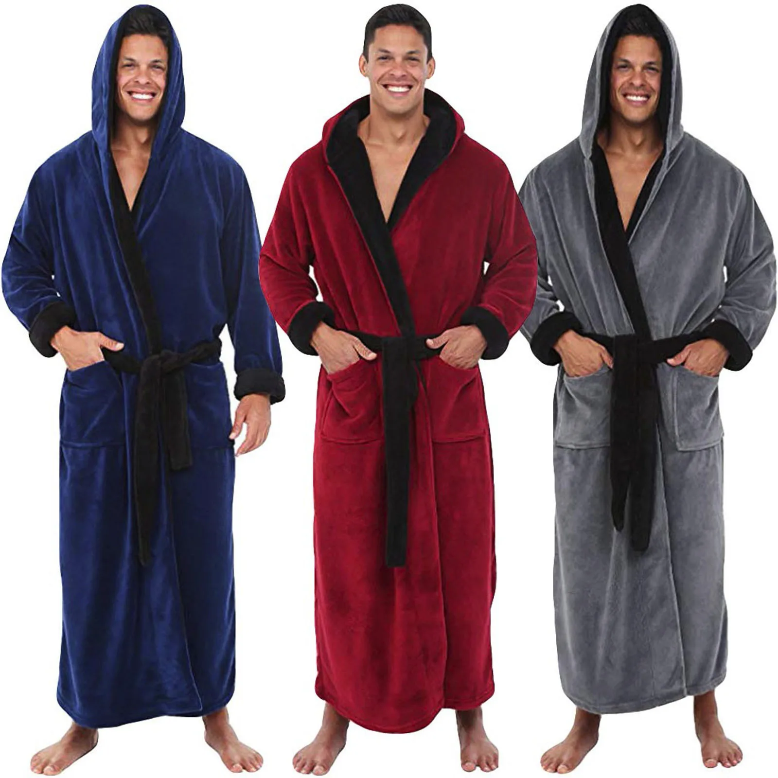 

Men's Fall Winter Basic Lengthened Shawl Bathrobe Comfortable Home Clothes Solid Color Soft Thickened Long Sleeved Robe Coat