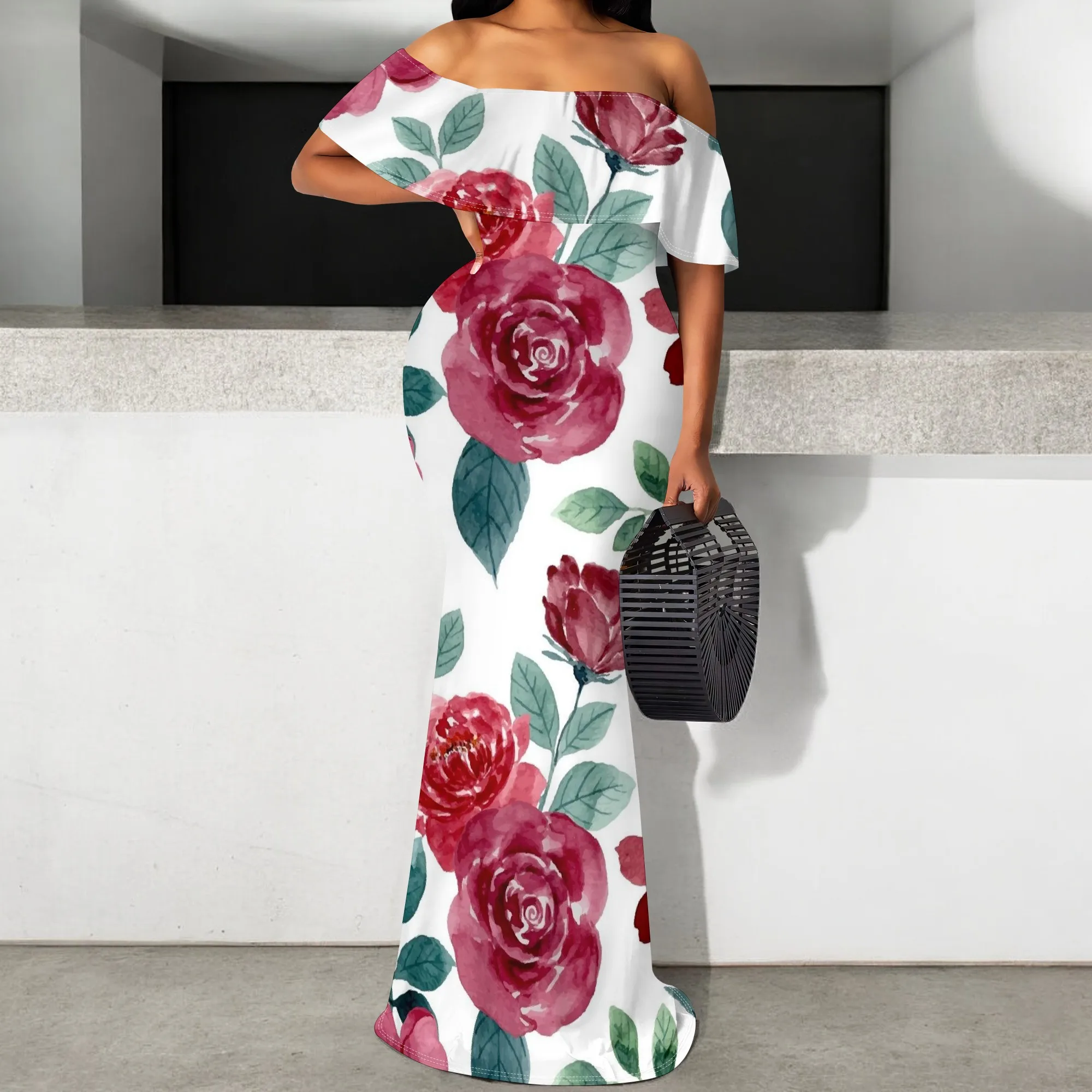 

Red Rose Floral Print Maxi Dress Off Shoulder Summer Wedding Guest Dress S-3XL