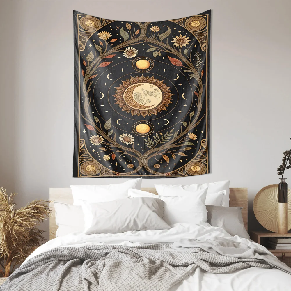 "Tapeçaria com tema de astronomia vintage - Pano decorativo para pendurar sol e lua"