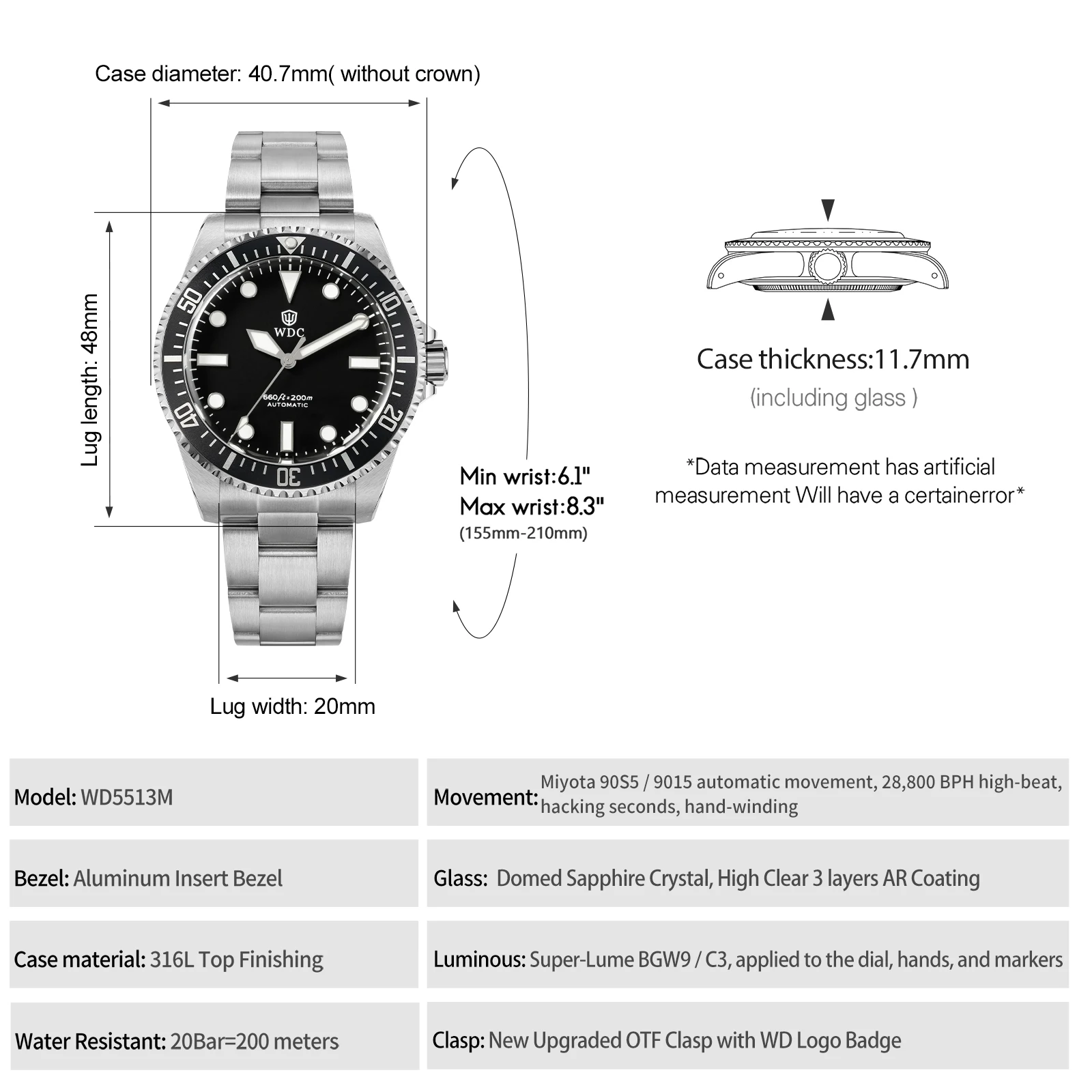 Watchdives WD5513M 40.7mm Dive Watch Miyota 90S5/9015 Automatic Sapphire 200M Waterproof BGW9 Lume Vintage Style