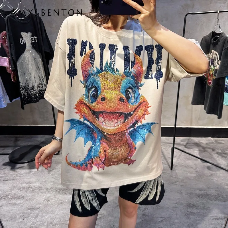 Summer Fashion T-shirt Men's And Women's Heavy Embroidery Diamond Drills Khaki Cartoon Oversized Tees Boutique Kawaii Clothes